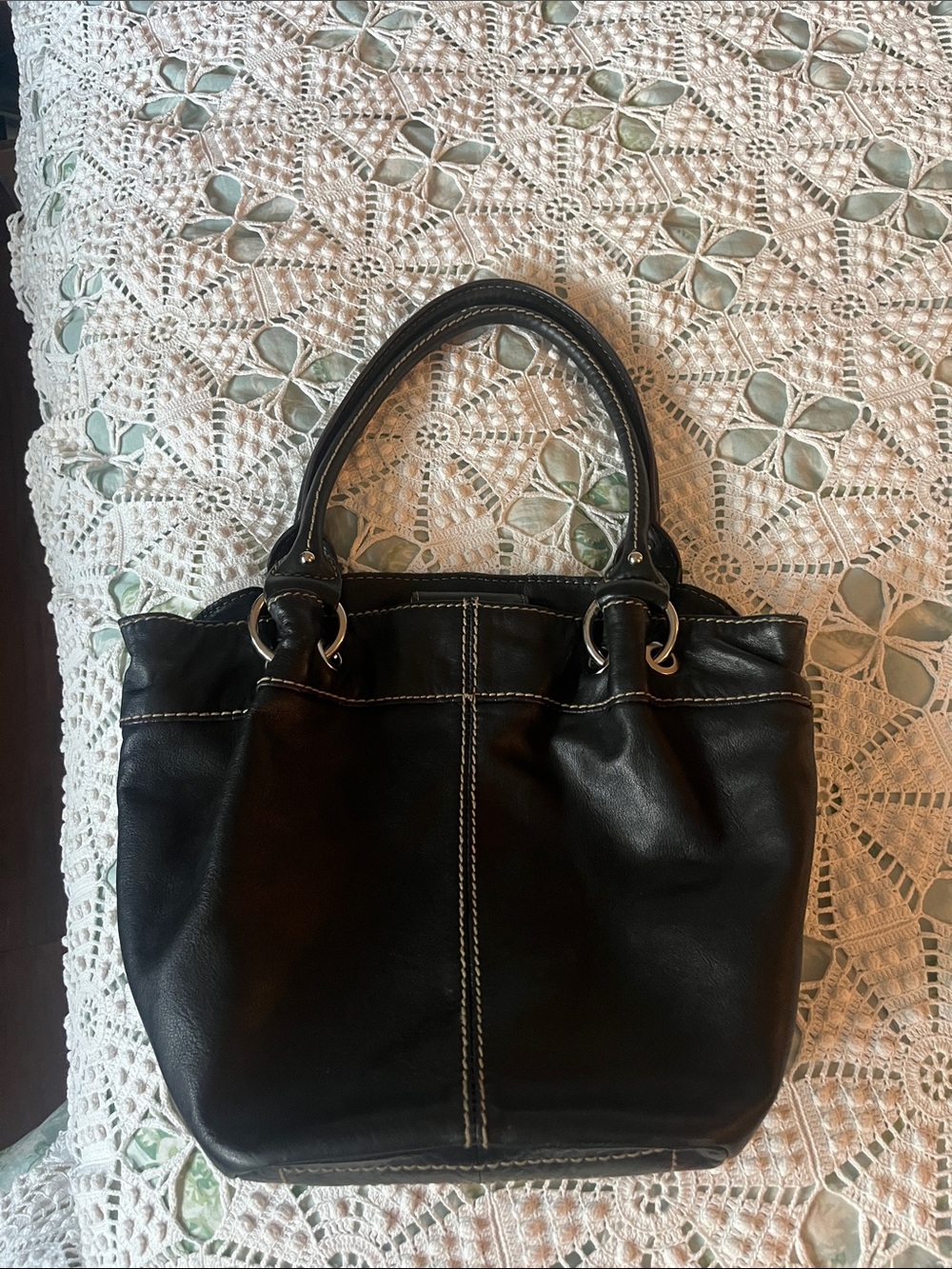Tignanello Black Leather Shoulder Bag with White Stitching